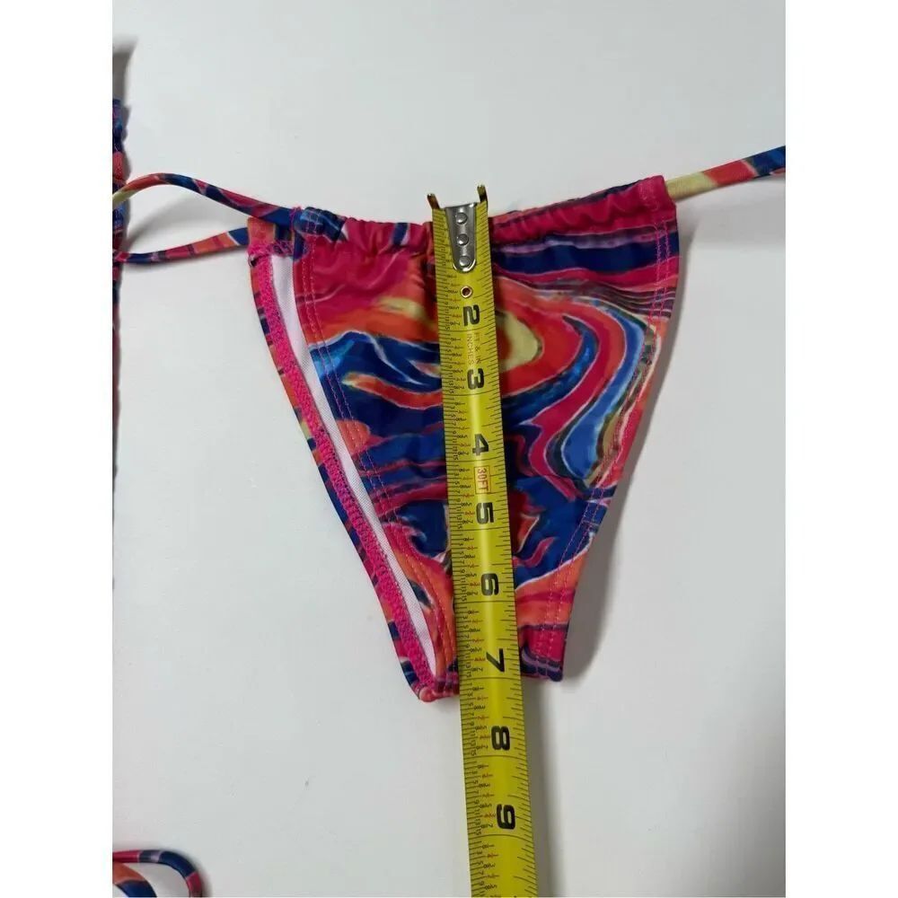 Fluid Print Triangle Halter Tie Strap Backless Bikini Set Cut Out Tie Side Sz S - Picture 9 of 16